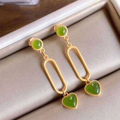 Natural Hetian Jasper long cut out geometric heart shaped earrings Chinese retro Bohemian charm womens silver jewelry