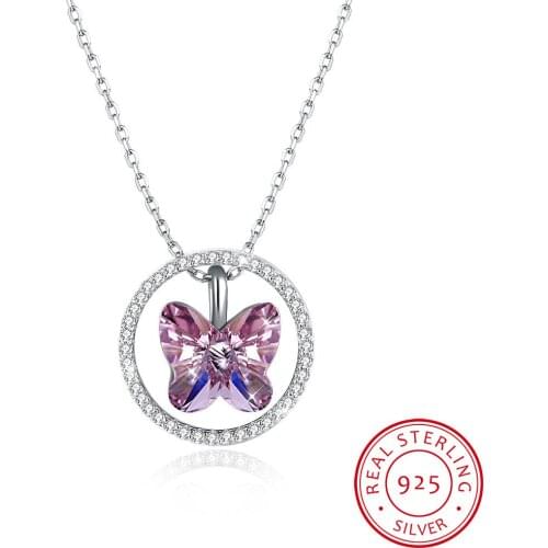 LEKANI Crystals Necklace Women Pendants S925 Sterling Silver Jewelry Purple Butterfly Austrian Rhinestone New