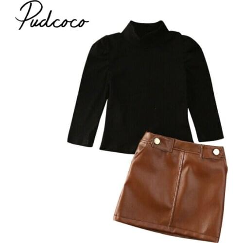 Sexy Clothes for Children Pudcoco Baby Girls Clothes Kids Knitted Turtleneck Black Sweater Tops + PU Leather Skirt Outfit
