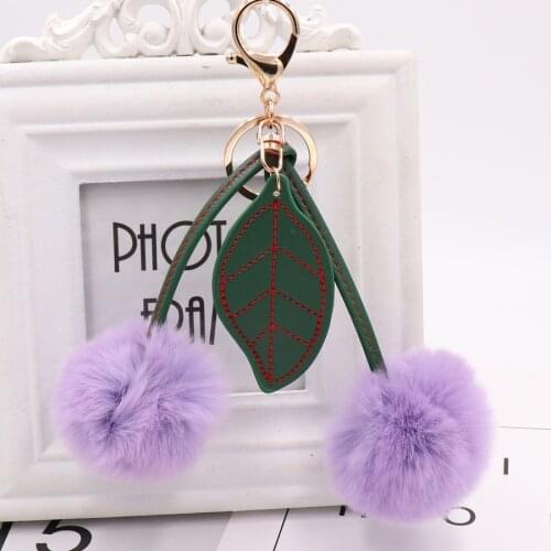 Fluffy Pompon Fur Ball Key Chain For Women Cherry leaf bag pendant Faux Rabbit Fur Pompom Keychain Trinket Charm Bag Key Ring