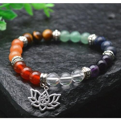 Colorful Natural Semi-precious Stone Round Beads Silvery Metal Lotus Charms Bracelet Chakra Healing Jewerly Couple Party Gift