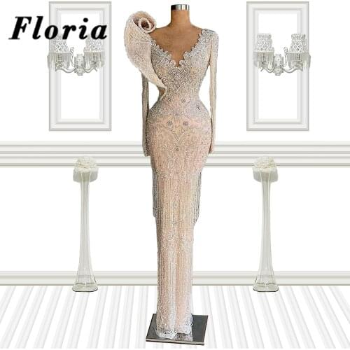 Saudi Arabia Long Prom Dress Handmade Beading Arabic Plus Size Crystals Evening Dresses Robe De Soiree 2021 Party Night Gowns