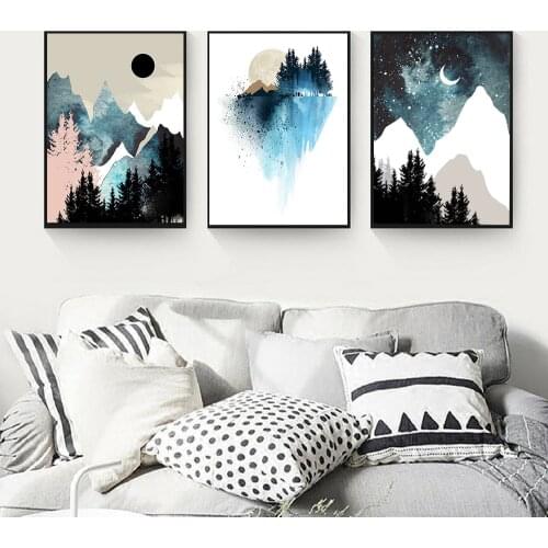 Blue Mountain Nature Landscape Forest Canvas Painting Wall Art Nordic Posters and Prints Wall Pictures for Living Room Decor
