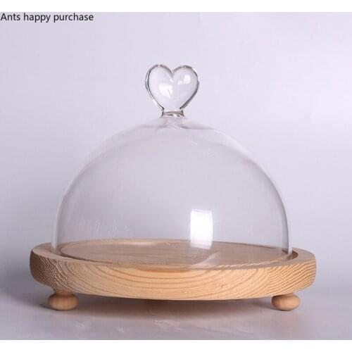 Home Dust-proof Glass Cover Wooden Base Love Handle Glass Cover Wooden Pallets Decoration Crafts Display Stand Decorative Tray