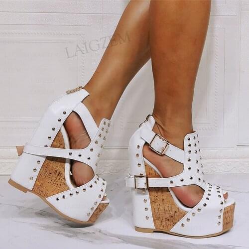 BERZIMER Women Platform Wedges Sandals Peep Toe Studdde Pumps Back Zip Faux Leather Female Shoes Woman Plus Size 42 47 50 52