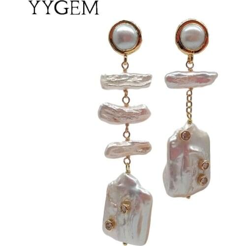 YYGEM Natural Cultured White Keshi Pearl Rectangle Biwa Pearl Cz Dangle Asymmetric Earrings