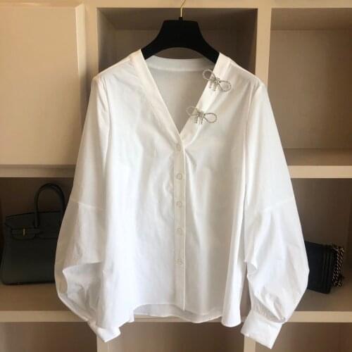 Ladies 2021 fashion new long sleeve sexy casual solid color rhinestone bow shirt 0917