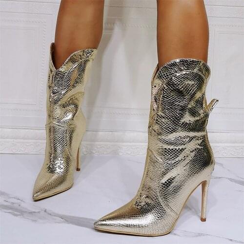 Big Us Size 14 15 Shoes Women Super High Heels Gold Snake Skin Shiny Short Mid Calf Sexy Boots Ladies Stiletto Botas Femininas