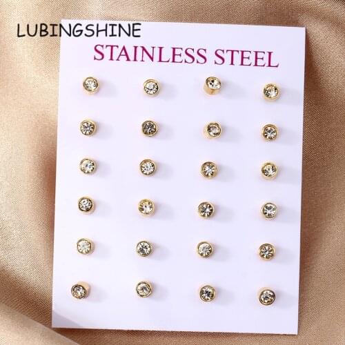 12pairs/lot Stainless Steel AAA Zircon Studs Earring Shiny Luxury Gold Color Fashion Crystal Earrings Jewelry Set for Women Girl