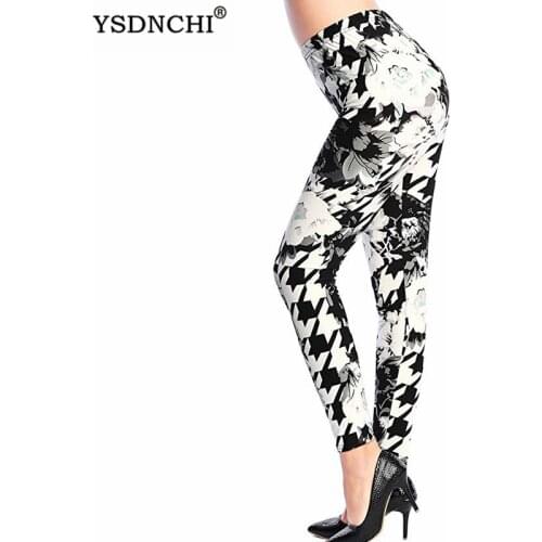 YSDNCHI Summer Floral Graffiti Leggings Women Grid Print Cartoon Girl Fitness Women New Pants Push Up