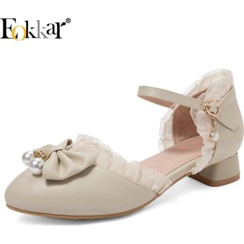 Eokkar 2020 Women Rockabilly Pumps Low Block Heel Ankle Strap Pumps Lolita Shoes Cosplay Lace Pumps Pearl Bow Tie Big Size 34-45
