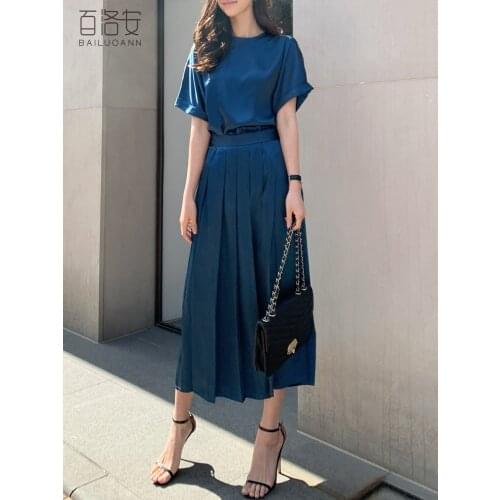 Fashion suit skirt Female Summer New style Short-sleeved Top + Pleated Half-length skirt Two-piece Silky Solid Elegant skirt