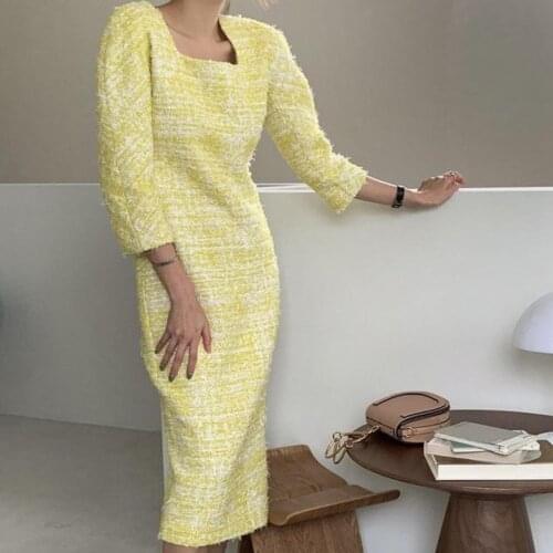 Elegant Temperament OL French Retro Slim Square Neck Split Tweed Dress Women Straight Three Quarter Sleeve