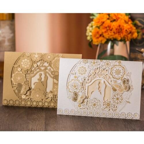 100pcs Gold White Laser Cut Wedding Invitation Card Bride Groom Marriage Greeting Card Customize Wedding Party Favor Decoration
