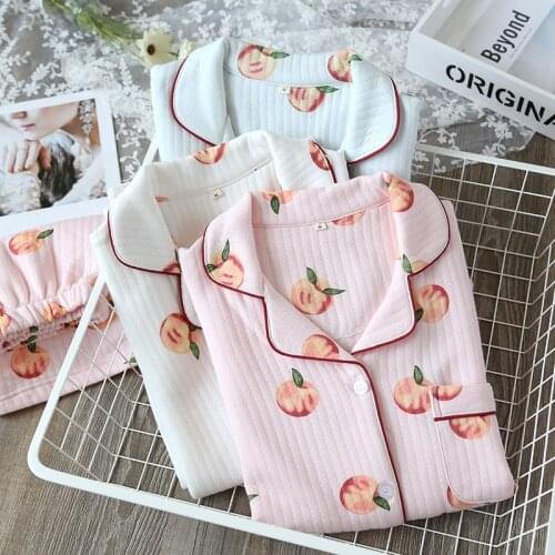 2021 Fashion Printing Long Sleeve Sleepwear Women Cotton Pajamas Set Autumn Winter Thick Warm Homewear Suit Female Home Clothes