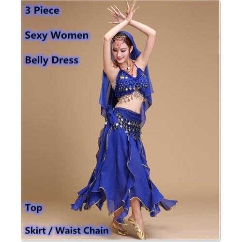 3pcs/Set Women Belly Dance Dress Skirt Costume Sets Sexy Halter Dress Top Skirt Shinny Coin Waist Chain Indian Hollywood Style