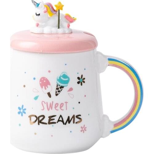 450ML Creative Unicorn Milk Mugs Cute Girl Breakfast Ceramic Mug with Lid Spoon Couple Water Cup Ladies Office Coffee Cups