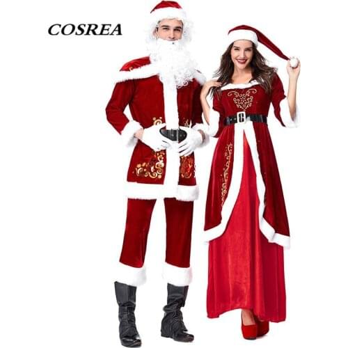 COSREA Santa Claus Cosplay Costume Deluxe Velvet Red Jacket Dresses White Beard New Year Christmas Party For Adults Women Men