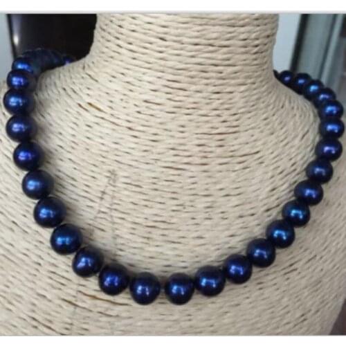 Elegant AAA 10-11mm tahitian black blue round pearl necklace 18inch 14k/20