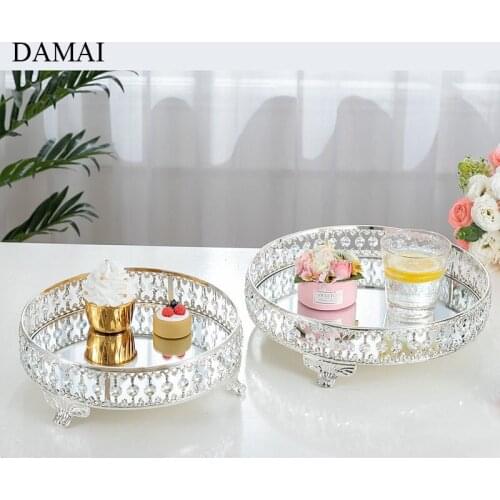 European Mirror Crystal Tray Dressing Table Hollowation Modern Round Metal Decoration Jewelry Storage Tray Cosmetic Container