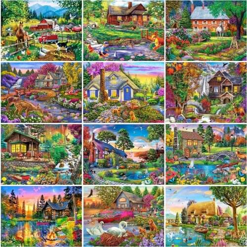 HUACAN 5D DIY Diamond Embroidery House Full Drill Square Round Diamond Painting Landscape Picture Of Rhinestone Mosaic Wall Art