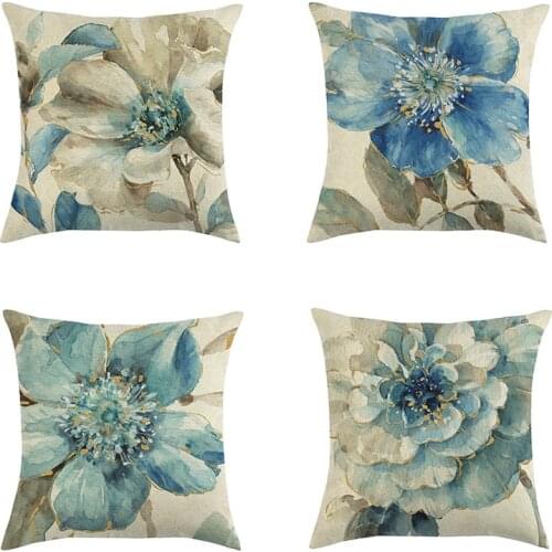 Indigold Watercolor Flower Pillows Blue Bird Floral Cushion 60x60cm LInen Pillowcase Decoration Salon Cushion Customized