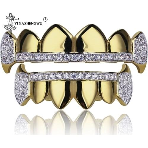 Mens Hip Hop Teeth Grillz Fang Top Bottom teeth Grillz Set Hollow Teeth Grillz Rapper Jewelry Gold Black Rose Color