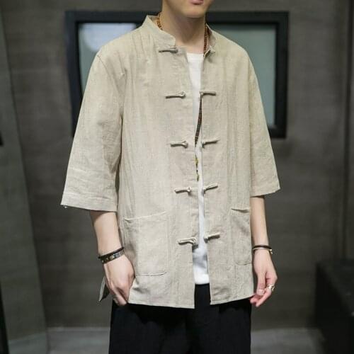 2021 New Chinese Style Mens Tops Tang Suit Linen Half Sleeve Solid Traditional Kung Fu Clothes China Style Hanfu Shirt 30781
