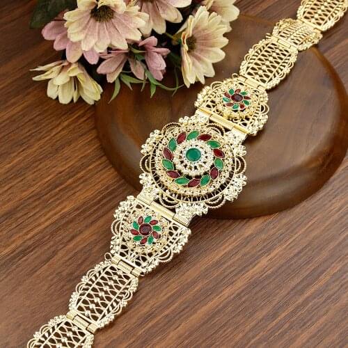 Neovisson Gold Color Morocco Belt For Women Crystal Flower Waist Chain Adjustable Length Algeria Robe Caftan Belt Bridal Gift