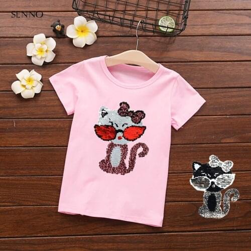 Festival sequin top changing color cat switchable reversible sequins girls T-shirts kid fashion t shirt children tops clothes
