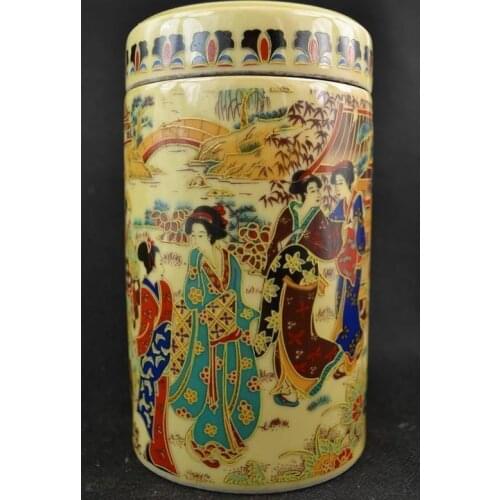 Rare Old Collectible Handmade Porcelain Drawing Japan Dowager Big Pot Tea Caddie