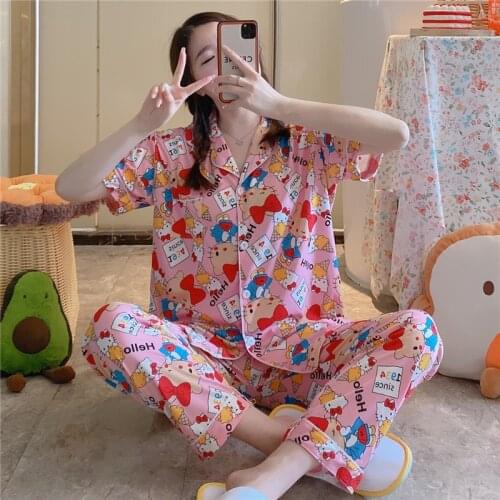 Sanrio hello kitty spring and autumn shirt short-sleeved trousers pajamas women summer home clothing sleepwear