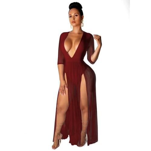 JRRY Sexy Romper Maxi Dresses Half Sleeve Deep V Neck Slit Dress Mesh Health Fabric Long Dress