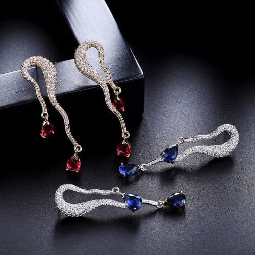 Colorful Snake shaped Earrings Full Paved white Zirconia blue red water drop pendent Hollow Irregular Line long Earrings Jewelry
