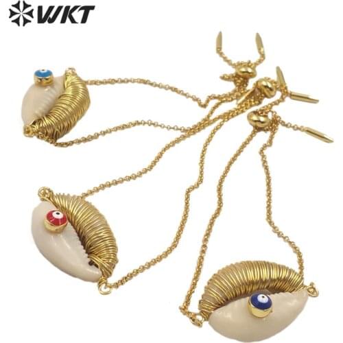 WT-B508 WKT Natural Cowrie Bracelet Wire Wrapped Cowrie Shell With Evil Eye Charm Bracelet Fashion Charm Bracelet Jewelry