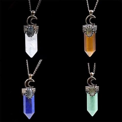YJXP Hexagonal Column Natural Stones Pendant Necklaces Inlay Oval Labradorite Crescent Moon Vintage Crown Shape Jewelry Making