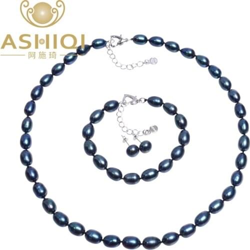 ASHIQI Genuine Natural Black Freshwater Pearl Jewelry sets, Necklace Bracelet Earrings, 925 Sterling silver earrings