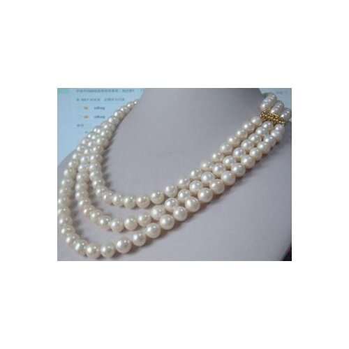 Women gift word Jewelry Beautiful 3 Row Natural Natural 7.5-8mm White Natural Freshwater pearl 925 jewelry Necklace