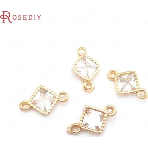 10PCS 4MM 6MM 24K Champagne Gold Color Brass and Zircon 2 Holes Square Connect Charms Pendants Jewelry Making Supplies