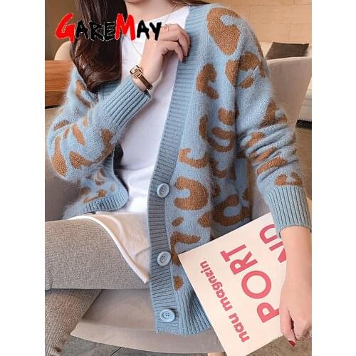 2020 Autumn Winter Knitted Leopard Sweaters Women Korean V Neck Thick Print Cardigan Coat Loose Button Outwear Tops