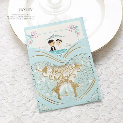 50 pieces/lot) Bride&Groom Light Blue Wedding Invitations Laser Cut Floral Love Bird Customize Marriage Invitation Card IC124B