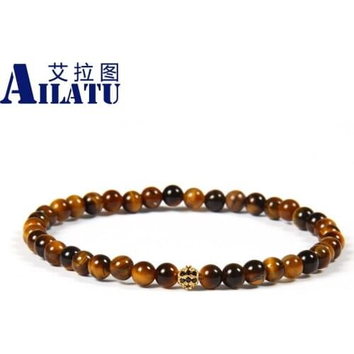 Ailatu Jewelry Wholesale 10pcs/lot New Arrival 4mm Tiger Eye Stone Beads with Micro Paved Black cz Ball Beaded Bracelet