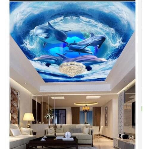 Free shipping custom mural 3d non-woven wallpaper The dolphin ceiling ceiling frescoes beauty wall home decoration