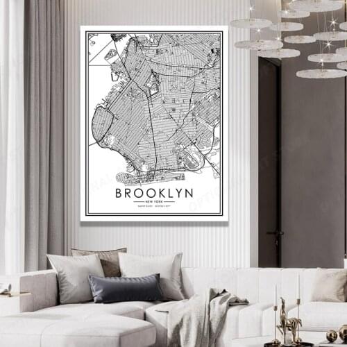 Black And White World City Map BROOKLYN Wall Art Canvas Poster Prints Nordic Style Paintings Picture For Living Room