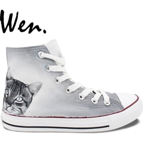 Wen Design Original Hand Painted Canvas Shoes Shorthair Cat Customized Women Men Grey High Top Clause Sneakers for Adults Gifts