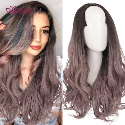 HUAYA Ombre Long Deep Wavy Synthetic U Shaped Wigs for Women Black Brown Ombre 3/4 Half Wigs Hair Piece Extensions Daily Use