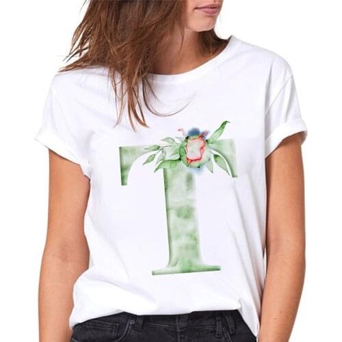 Women T-shirt Fashion 26 Alphabet T Flowers Print White Female Tshirts Harajuku Casual ladies Tees Casual Summer tshirt femme