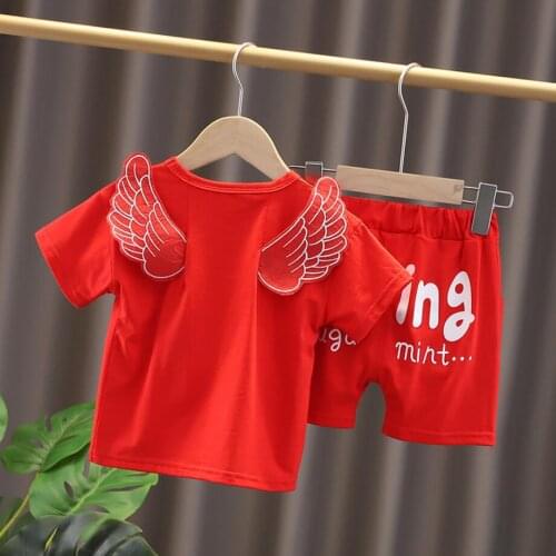 Summer Boys Clothing Set Cartoon Short Sleeve Wings T-shirt + Pants 2 Piece Suit Cotton Toddler Kids Clothing Set