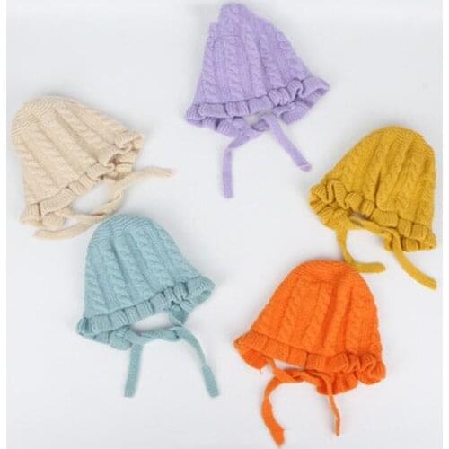 Infant Baby Knit Hat Soft Cute Beanie Hat Winter Christening Bonnet with Chin Strap Solid Color Winter Warm Accessories Caps