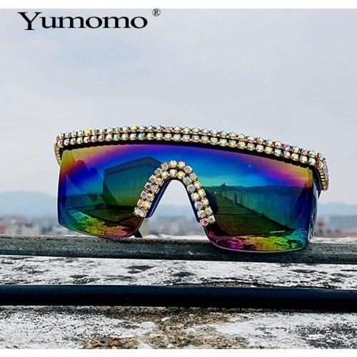 Fashion Rhinestone Oversized Mirror Sunglasses Women Men Luxury One Piece Sunglasses Men Crystal Google Sunglasses Eyewear UV400